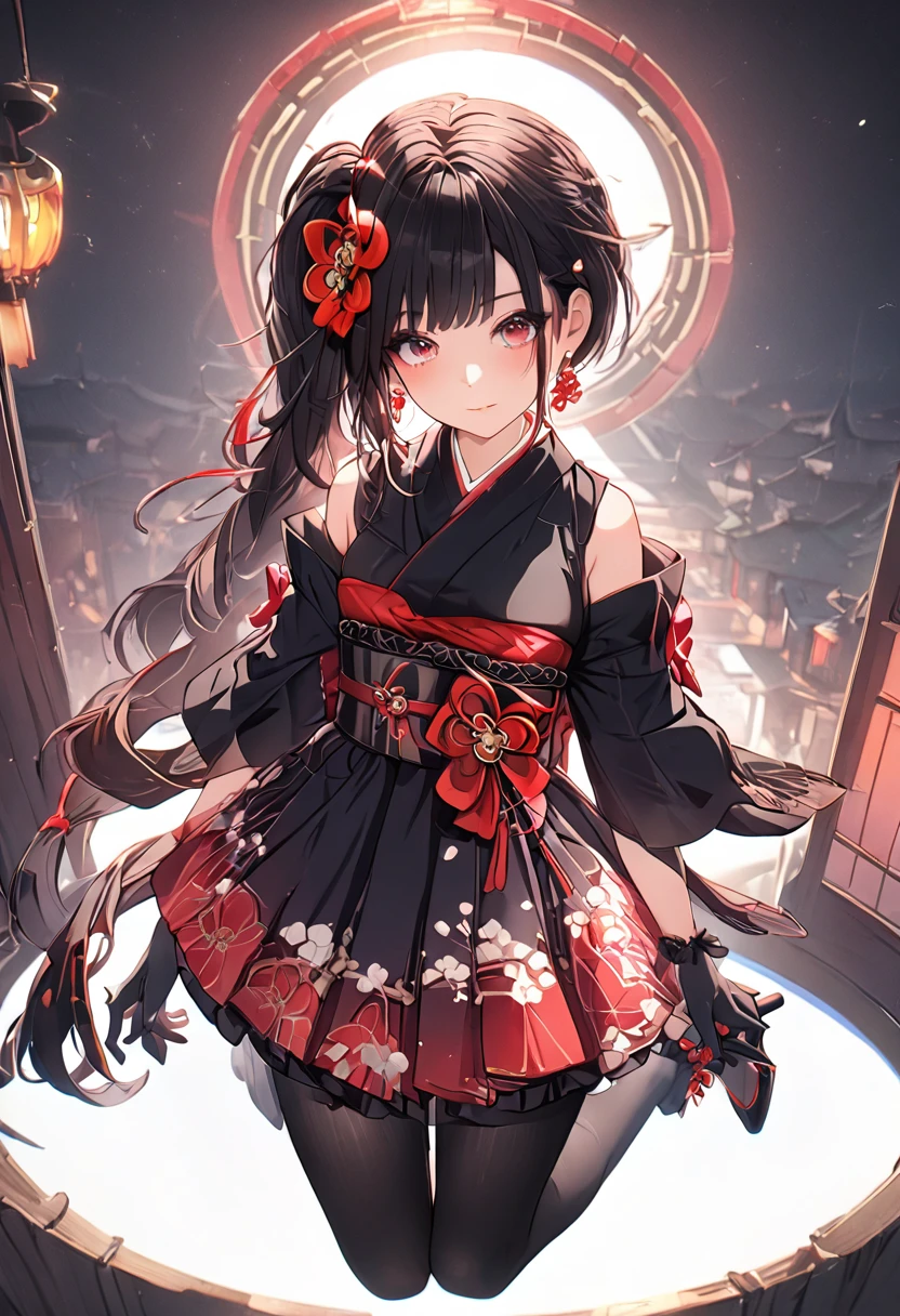 a detailed portrait of a beautiful young japanese girl with red eyes, brown hair in a side ponytail, wearing a kimono with detached sleeves, sash, black gloves, black thighhighs and pantyhose, high heels, ornate makeup, hair ornament, (best quality,4k,8k,highres,masterpiece:1.2),ultra-detailed ,portrait,intricate details,delicate features,elegant,graceful,dramatic lighting,vibrant colors, chiori, 1girl, red eyes, brown hair, side ponytail, whole body,makeup, hair ornament,japanese clothes, kimono, detached sleeves, sash, black gloves, black thighhighs, pantyhose, high_heels, full body, masterpiece,bestquality,superwideangle,fingeraudience,1girl,pmasterpiece,transparentcolorPVCclothing,transparentcolorvinylclothing,wholebody,glitchlump}onface,smilefilmgrain,lens_flare,colorful,chromaticaberration,dynamicpov,closedmouth,Intenseemotionalexpression:death,glitchart,ultra-detailed,extremelydelicateandbeautiful,albumcover,album,albumdescription,Pixilationonface,Doubleexposure,ChromaticAberration,Lightleaks,Noiseandgrain,Colordegradation,Glitchlettering,art,abstractart,geometry,clearlines,squares,bright,limitedpalette,{canonicalcomposition},neatdiagonalstripedbackground,{{bluewithwhitestripedbackground}},{limitedpalette},flatcolored