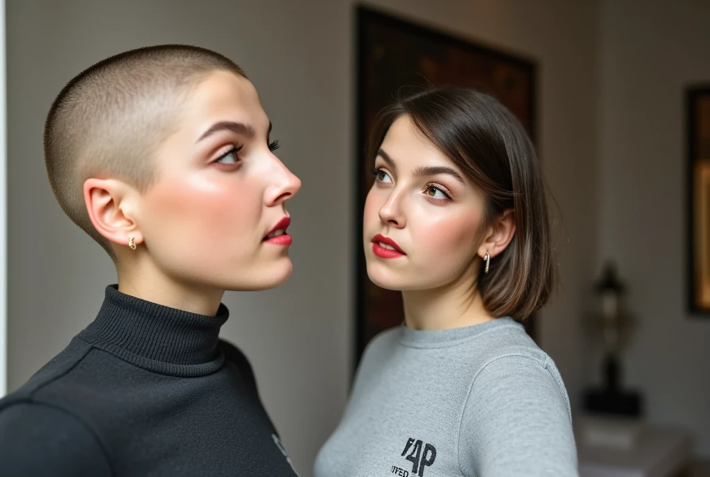 a beautiful bald girl whose head is clean shaven, crimson red lipstick wearing a sweatshirt, and is looking in a mirror at another girl. (Her reflection is of a different girl who is looking at her, in the mirror is an (emo girl) wearing eyeliner, red lipstick, who has brown hair with bangs.) 