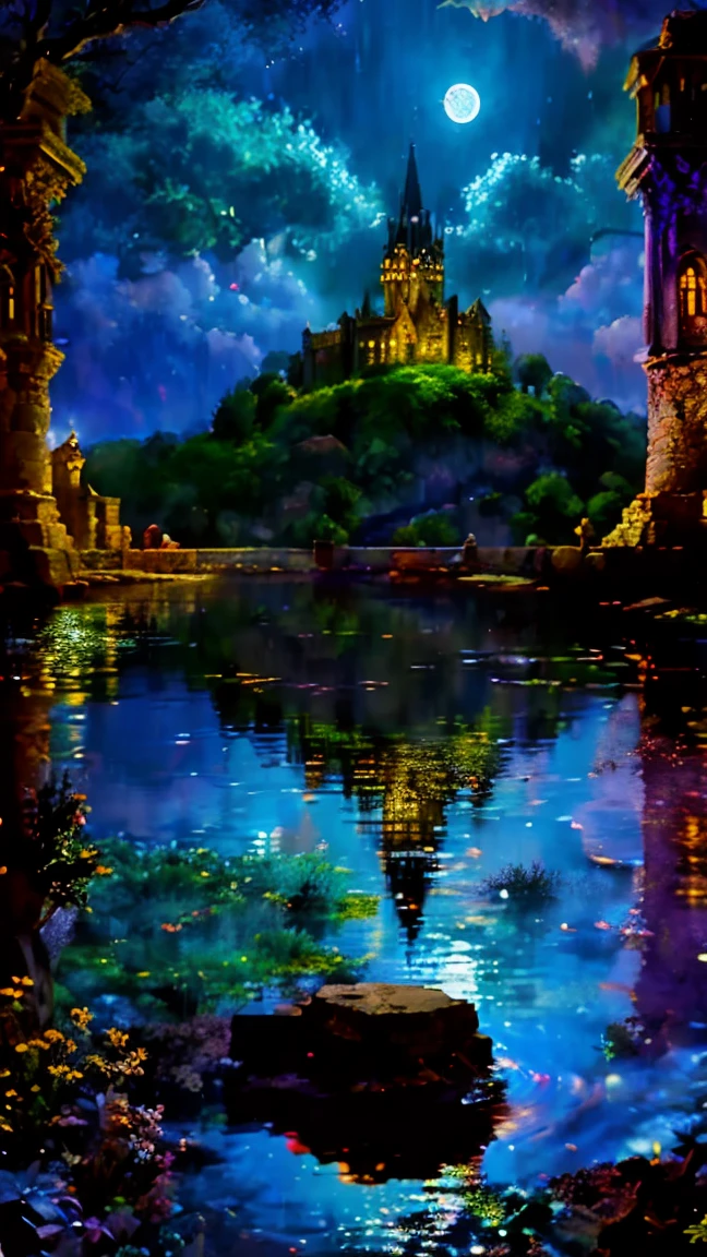 Mysterious Castle 、霧のかかったwind景、 Majestic Tower 、  Intricate Stone Carvings  、Mysterious glow、Vibrant colors、 Dark Blue Hair 、wind、Hidden Secrets、Twinkling moonlight、Whimsical Creatures。(Best Quality、 High Resolution 、Super detailed)、ancient architecture、 Western architecture, Magical atmosphere、 dreamy atmosphere、Fantasy Setting、Surreal elements、 Fairytale Atmosphere 、  Surrealist Lighting 、 Pictorial Style 。