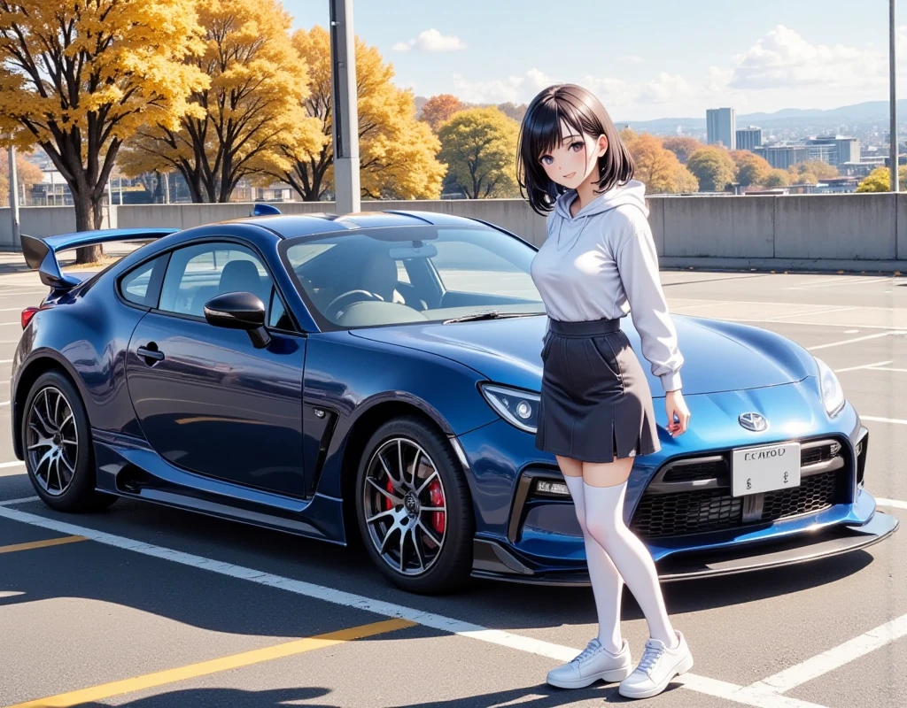 Best Quality, very detailed, High Resolution ,8ｋwallpaper,Accurate depiction,Realistic design,Sports Car:GR86(new model) 、Vehicle model:ZN8 ,Japan spec･Handle position right side, Body color:dark blue,Rear wingとUnder spoilerも青色で統一されている,Rear wing:リザルドジャパン製Rear wing(Rally type: body width and height not exceeding),Under spoiler:TRD genuine aero spoiler,WedsSport aluminum wheels:blue light chrome color, Endless brake calipers(dark blue色) ,The windshield and door glass have a blue gradation,background：Forest Trees々A parking lot lined with autumn leaves where you can see the cityscape in the distance , Young man beside the car ･ Aska and a beautiful woman with semi-long black hair ･ everyday scene where Haruna is having a fun conversation , Aska in a white hoodie and blue jacket , Haruna wears a white sweater, dark gray middle skirt, and white stockings,