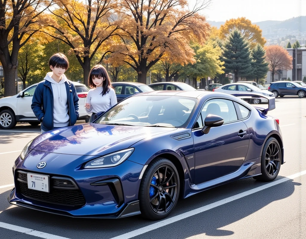 Best Quality, very detailed, High Resolution ,8ｋwallpaper,Accurate depiction,Realistic design,Sports Car:GR86(new model) 、Vehicle model:ZN8 ,Japan spec･Handle position right side, Body color:dark blue,Rear wingとUnder spoilerも青色で統一されている,Rear wing:リザルドジャパン製Rear wing(Rally type: body width and height not exceeding),Under spoiler:TRD genuine aero spoiler,WedsSport aluminum wheels:blue light chrome color, Endless brake calipers(dark blue色) ,The windshield and door glass have a blue gradation,background：Forest Trees々A parking lot lined with autumn leaves where you can see the cityscape in the distance , Young man beside the car ･ Aska and a beautiful woman with semi-long black hair ･ everyday scene where Haruna is having a fun conversation , Aska in a white hoodie and blue jacket , Haruna wears a white sweater, dark gray middle skirt, and white stockings,