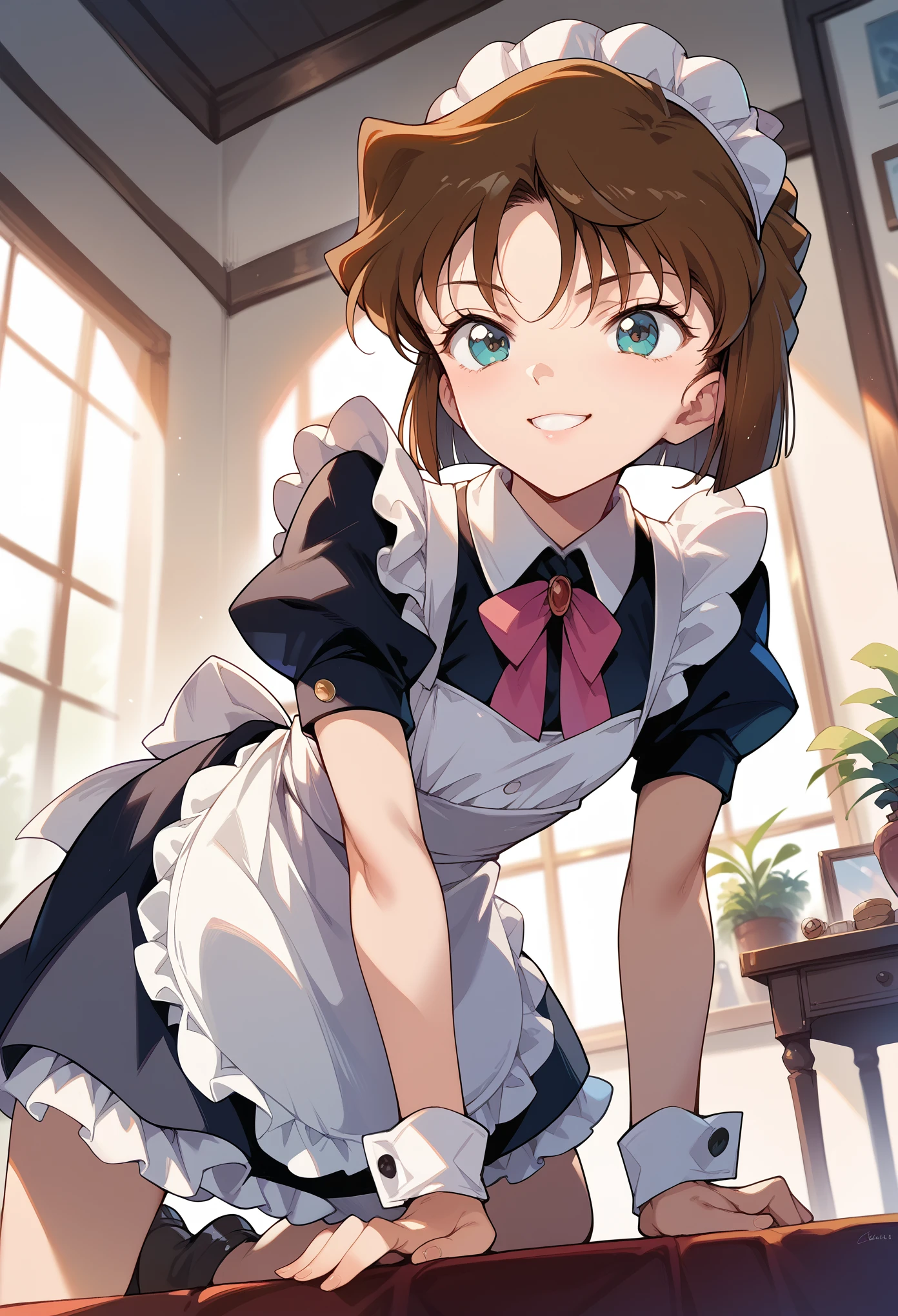 masterpiece, High Resolution ,Best Quality,8k(Detective Conan,Haibara Ai) (,, flat chest,short,Brown Hair,short hair) ((Maid uniform))Stand on all fours ,From below,smile