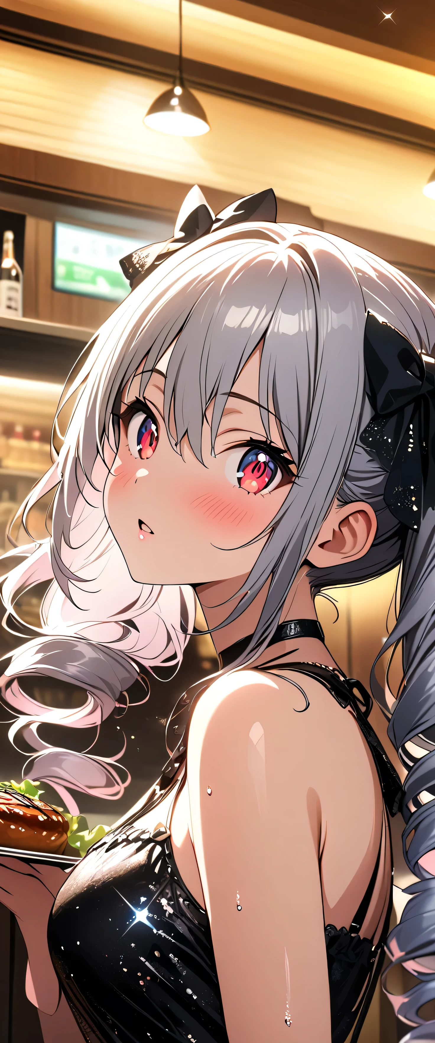 (beautiful girl:1.3),1girl,masterpiece,Ultra-high resolution, rich contrasts,Very high quality,8k,very detailed CG unit wallpaper,Texture,So ridiculous,RAW Photos,Highest quality anime,Depth of written boundary,ultra-detailed eyes,Glowing Skin,Glitter Effect,Beautiful glossy lips,knzkrnk , long hair, grey hair, sidelocks, twintails, drill hair, twin drills, bangs, hair between eyes, hair ornament, hair bow, red eyes, medium breasts,score_9, score_8_up, score_7_up, source_anime,(Eat hamburger steak),excited,restaurant,blush,breath,(from side:1.3),((Eyes are hearts))