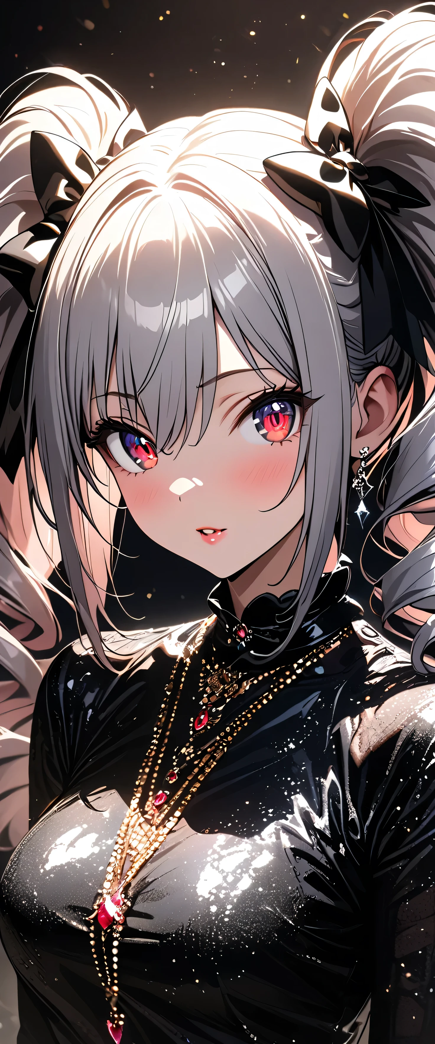 (beautiful girl:1.3),1girl,masterpiece,Ultra-high resolution, rich contrasts,Very high quality,8k,very detailed CG unit wallpaper,Texture,So ridiculous,RAW Photos,Highest quality anime,Depth of written boundary,ultra-detailed eyes,Glowing Skin,Glitter Effect,Beautiful glossy lips,knzkrnk, long hair, grey hair, sidelocks, twintails, drill hair, twin drills, bangs, hair between eyes, hair ornament, hair bow, red eyes, medium breasts,score_9, score_8_up, score_7_up, source_anime,
