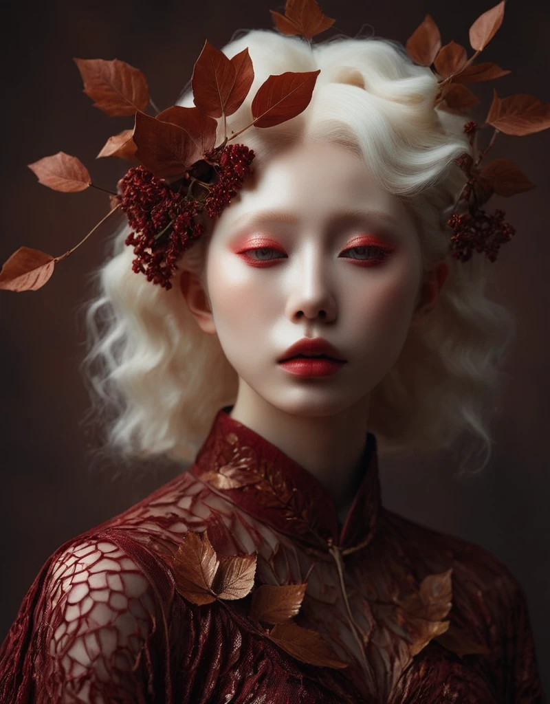  A commercial photographic portrait of a Instagram model.,  The ethereal portraits ,  Japanese fashion girl from 2020 , Detailed skin texture,  girl, hyperrealistic photo, ,  Albinism and Heterochromy by Bella Kotak , female portrait en sesiones de estudio,  Albina Albina , female portrait,  tearing shot ,  intricate fantasy dress ,  taken by professional studio lighting ,  150 mm objective ,  PhaseOne ,  digital backup s, median format, ,  150 mm portrait , photograph,  photo taken with a HasOne H4D H4D , tomado con  PhaseOne  IQ180,  IQ160 ,  IQ140 ,  P65 +, P45 +, " digital backup ", extremely detailed,  Leaf Aptus , perfect skin, Detailed skin, hyperreality,  perfect face, ( Ox Blood :1.6) Hair, ( Ox Blood :1.6) bottom,  dressed head completely covered with  ( Ox Blood :1.6) flores, ( Ox Blood :1.6)  Cololter ,