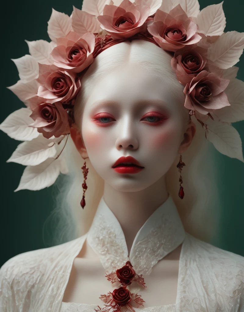  A commercial photographic portrait of a Instagram model.,  The ethereal portraits ,  Japanese fashion girl from 2020 , Detailed skin texture,  girl, hyperrealistic photo, ,  Albinism and Heterochromy by Bella Kotak , female portrait en sesiones de estudio,  Albina Albina , female portrait,  tearing shot ,  intricate fantasy dress ,  taken by professional studio lighting ,  150 mm objective ,  PhaseOne ,  digital backup s, median format, ,  150 mm portrait , photograph,  photo taken with a HasOne H4D H4D , tomado con  PhaseOne  IQ180,  IQ160 ,  IQ140 ,  P65 +, P45 +, " digital backup ", extremely detailed,  Leaf Aptus , perfect skin, Detailed skin, hyperreality,  perfect face, ( Ox Blood :1.6) Hair, ( Ox Blood :1.6) bottom,  dressed head completely covered with  ( Ox Blood :1.6) flores, ( Ox Blood :1.6)  Cololter ,