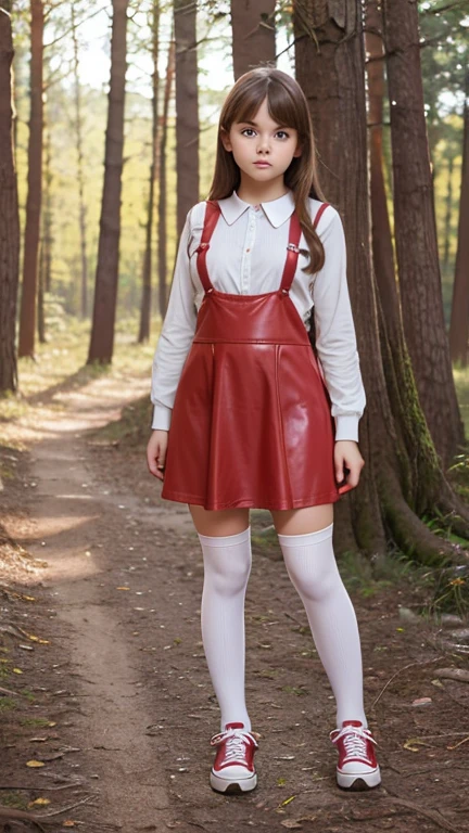   Cute young beautiful curvy schoolgirl pioneer,  beautiful cute teen face , red leather skater pinafore dress  ,  transparent white blouse , brunette long hair, beautiful eyes. stockings,  Sneakers, Soviet pioneer schoolgirl - standing in the woods ,   photorealistic , sad face, curvy figure