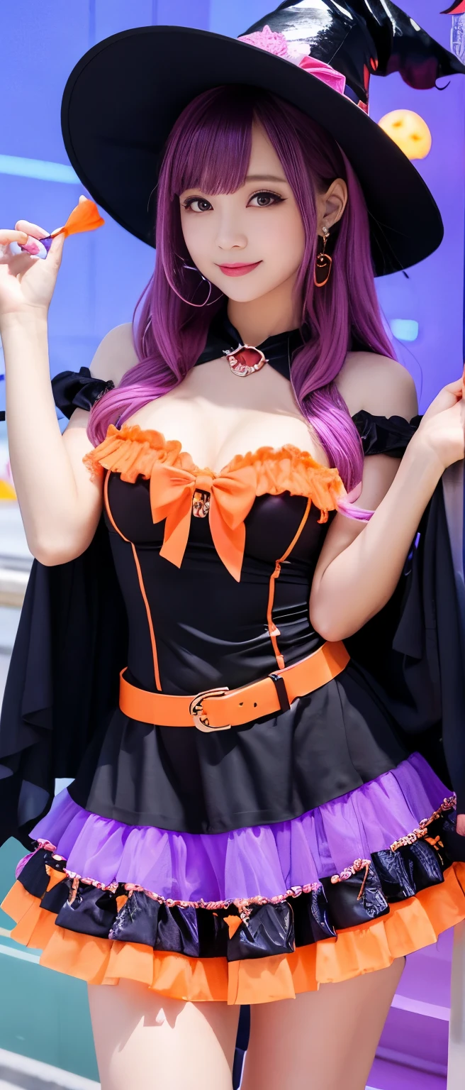Woman doing Halloween cosplay、Little devilish、Cute Succubus、Functional、Purple and orange succubus costume, Cute Halloween decorated dress skirt, Halloween-style dress,AV Photography, perfectly proportions,frontage、