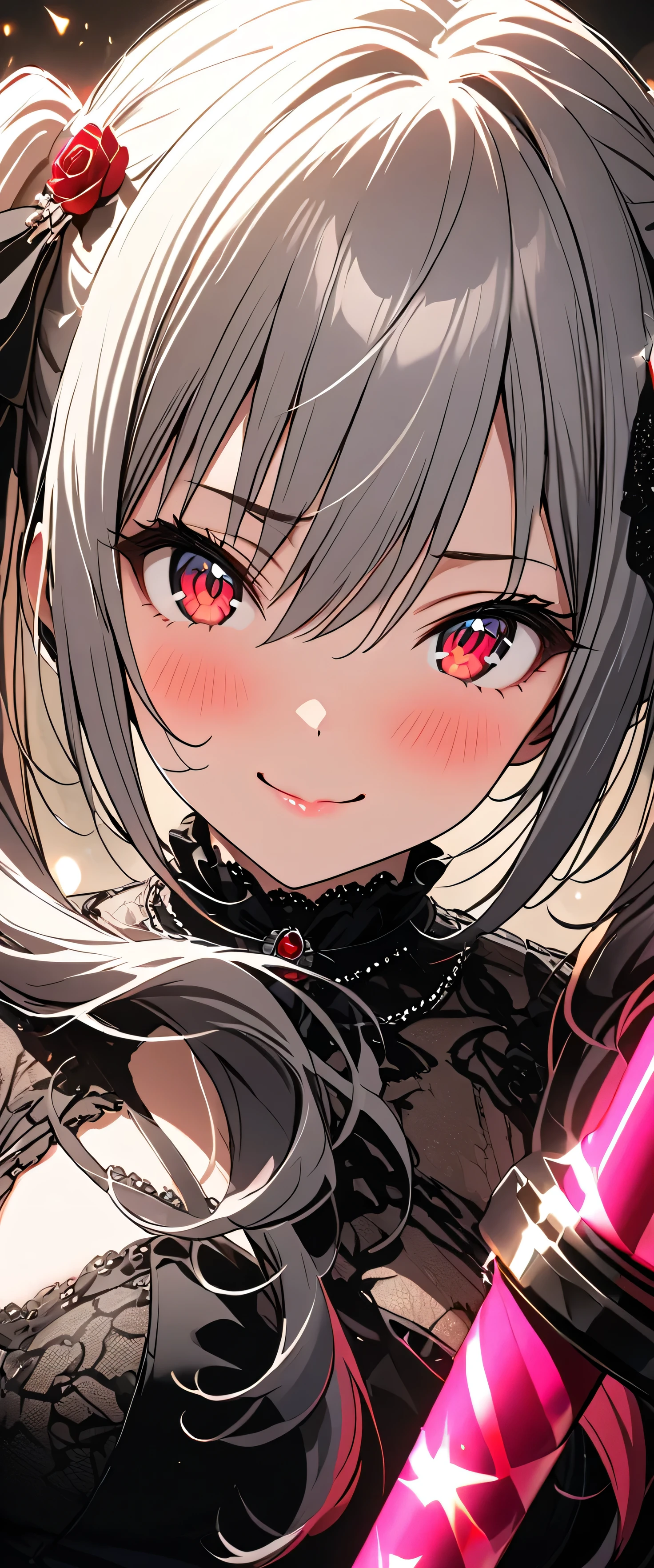 (beautiful girl:1.3),1girl,masterpiece,Ultra-high resolution, rich contrasts,Very high quality,8k,very detailed CG unit wallpaper,Texture,So ridiculous,RAW Photos,Highest quality anime,Depth of written boundary,ultra-detailed eyes,Glowing Skin,Glitter Effect,Beautiful glossy lips,knzkrnk , long hair, grey hair, sidelocks, twintails, drill hair, twin drills, bangs, hair between eyes, hair ornament, hair bow, red eyes, medium breasts,score_9, score_8_up, score_7_up, source_anime,(A cane with a rose tip),smile, closed mouth,theater,Tilt your head.blush,gothic ta,sing,♬
