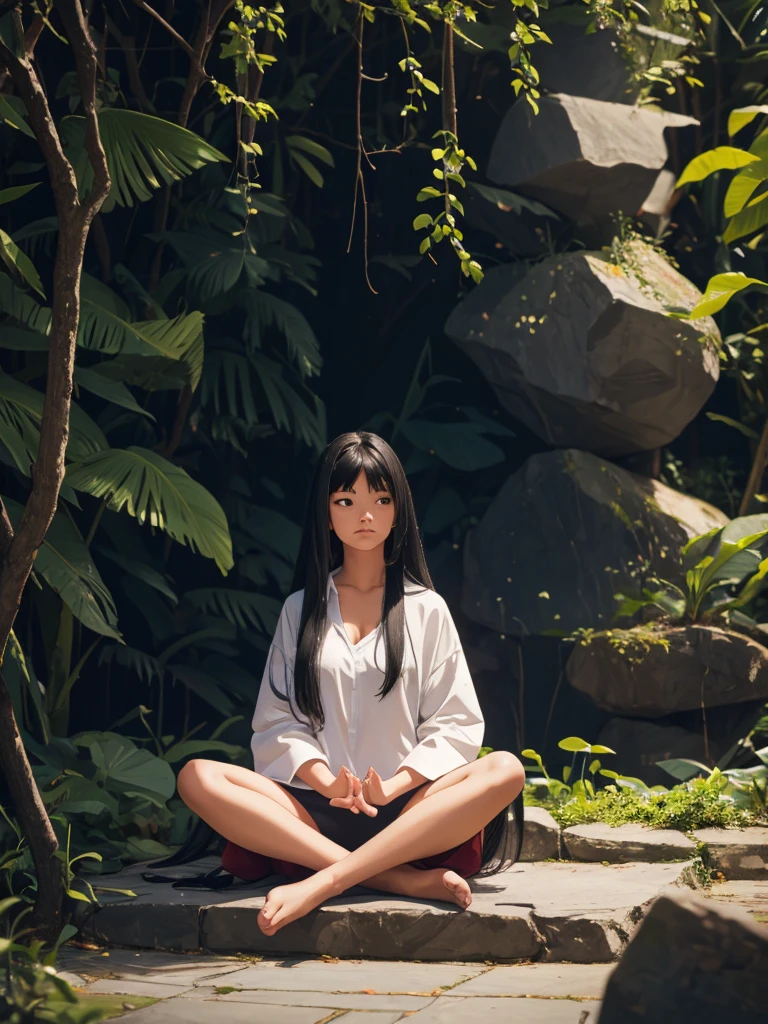  1 girl,  High Resolution , Long Hair, Black Hair, meditation,whole body,Sitting, fantastic