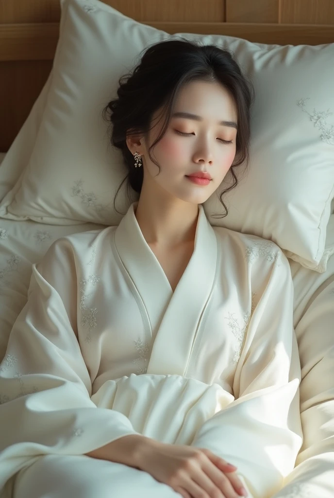 Araffe asian woman in white traditional cloth laying on a bed - SeaArt AI
