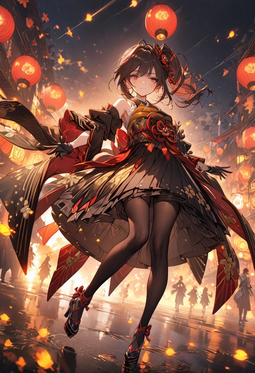 a detailed portrait of a beautiful young japanese girl with red eyes, brown hair in a side ponytail, wearing a kimono with detached sleeves, sash, black gloves, black thighhighs and pantyhose, high heels, ornate makeup, hair ornament, (best quality,4k,8k,highres,masterpiece:1.2),ultra-detailed ,portrait,intricate details,delicate features,elegant,graceful,dramatic lighting,vibrant colors, chiori, 1girl, red eyes, brown hair, side ponytail, whole body,makeup, hair ornament,japanese clothes, kimono, detached sleeves, sash, black gloves, black thighhighs, pantyhose, high_heels, full body, masterpiece,bestquality,