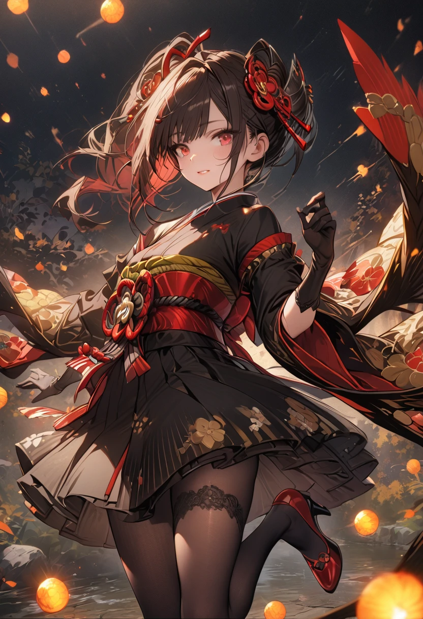 a detailed portrait of a beautiful young japanese girl with red eyes, brown hair in a side ponytail, wearing a kimono with detached sleeves, sash, black gloves, black thighhighs and pantyhose, high heels, ornate makeup, hair ornament, (best quality,4k,8k,highres,masterpiece:1.2),ultra-detailed ,portrait,intricate details,delicate features,elegant,graceful,dramatic lighting,vibrant colors, chiori, 1girl, red eyes, brown hair, side ponytail, whole body,makeup, hair ornament,japanese clothes, kimono, detached sleeves, sash, black gloves, black thighhighs, pantyhose, high_heels, full body, masterpiece,bestquality,