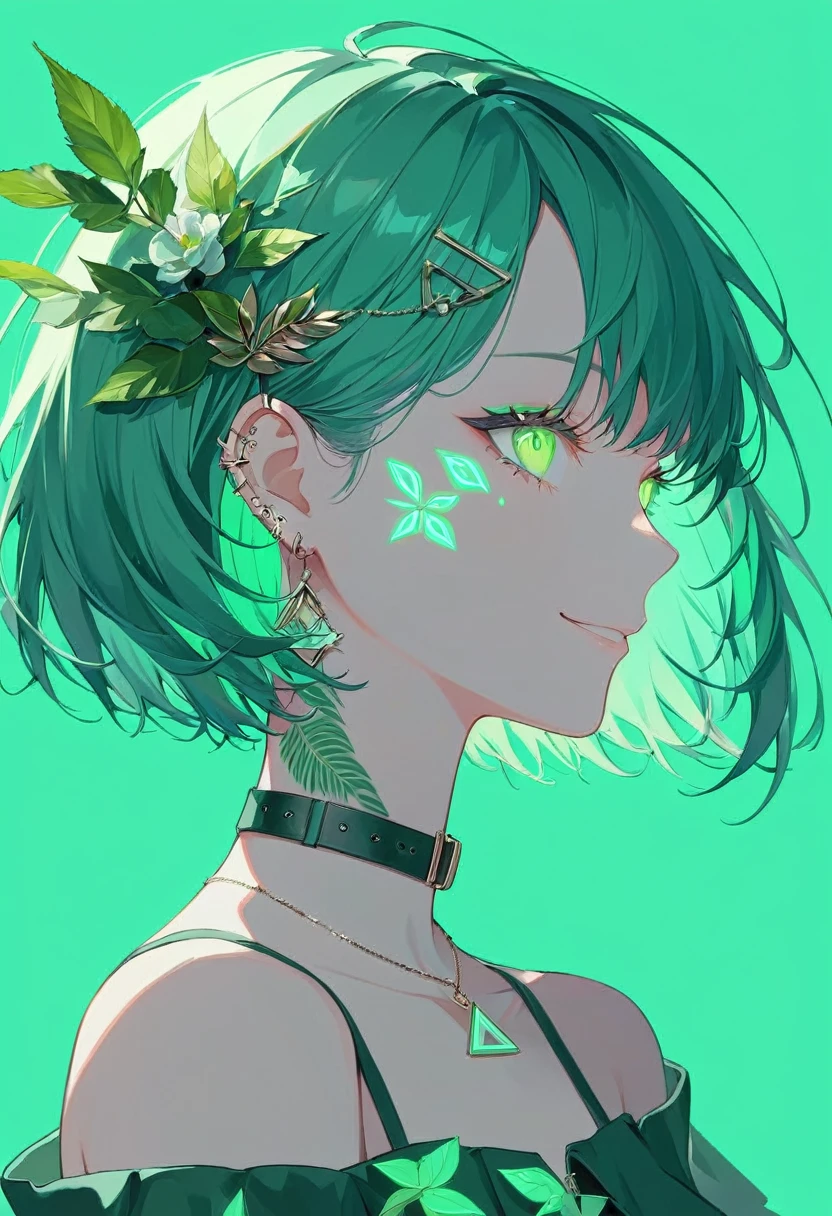  one woman smiling , female profile , face close-up ,Face tattoo,Leaf shape ,Eyes,cheek, digital tattoo ,Glowing Runes, neon color ,Neon Green, green base green hair,Pastel colors, short hair, barrette masterpiece ,Best Quality,Exquisite,8k, absurd,Ultra-detailed illustrations,(Watch the audience)