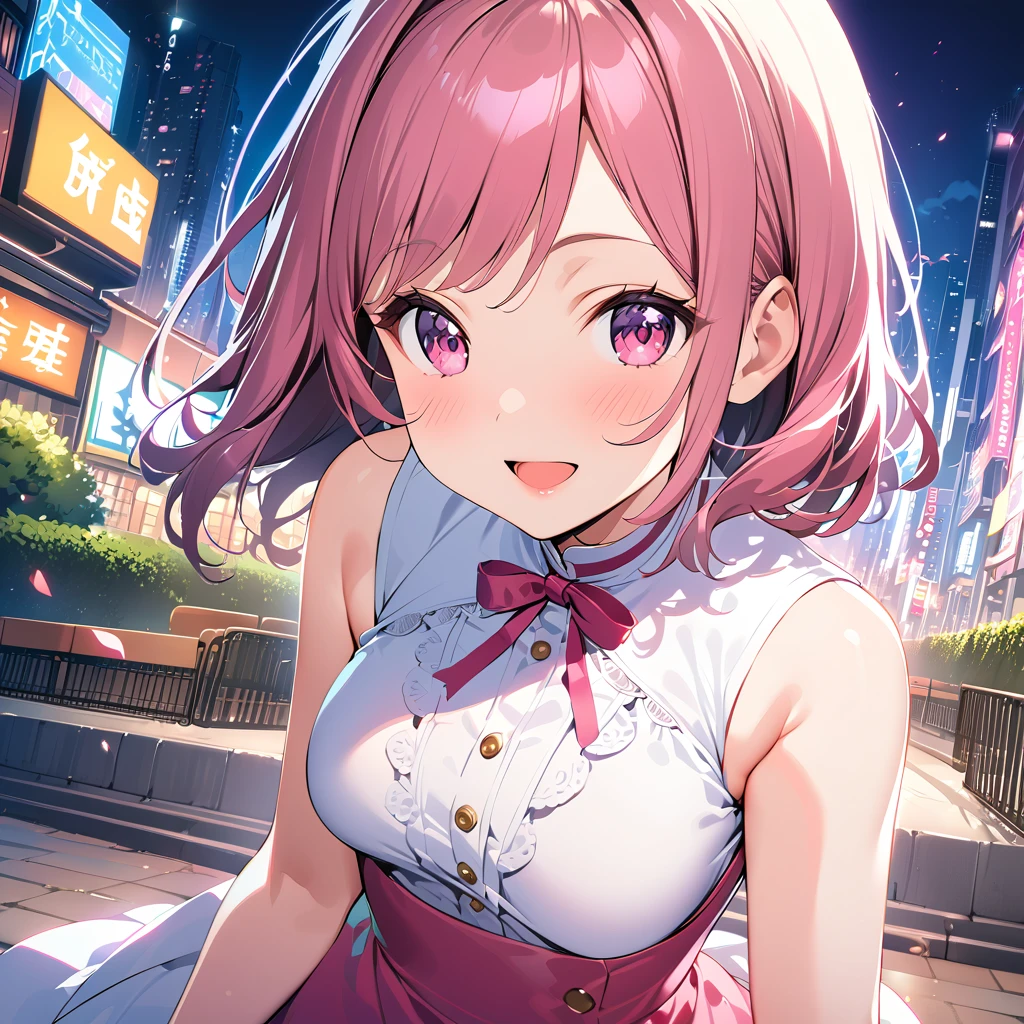 masterpiece, Best Quality,  High Resolution , One Girl, Detailed face, ,  Anime CG Style,   Medium Breasted  , ( 1 girl:d-up), Good lighting,  perfect bodies , Sakura Kinomoto, Glossy lips, city, garden, A light smile, Idol Dress