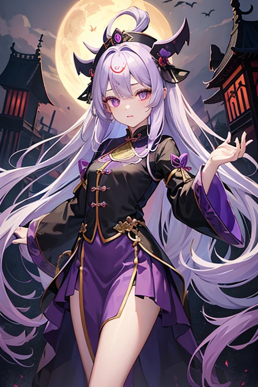 Niña pequeña, White hair, Violets eyes, slave collar, chains on his neck and arms, demons, (Large round breasts: 0.6), (Moon demon eyes: 1.18) (kimono: 0.9), (Wide hips: 0.75), (girl face: 0.6), (pale skin: 0.8).