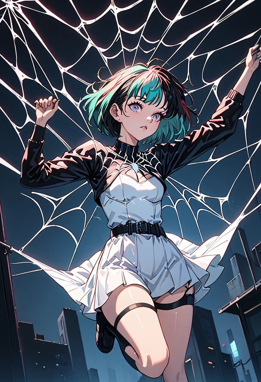 cyberpunk lucy, spider girl, upside down, spider webs, sticky webs, GWENTD, cyberpunk, HajimeRegloss, multicolored hair, short hair, shrug \(clothing\), white leotard, black belt, belt pouch, white skirt, white shorts, black thigh-high