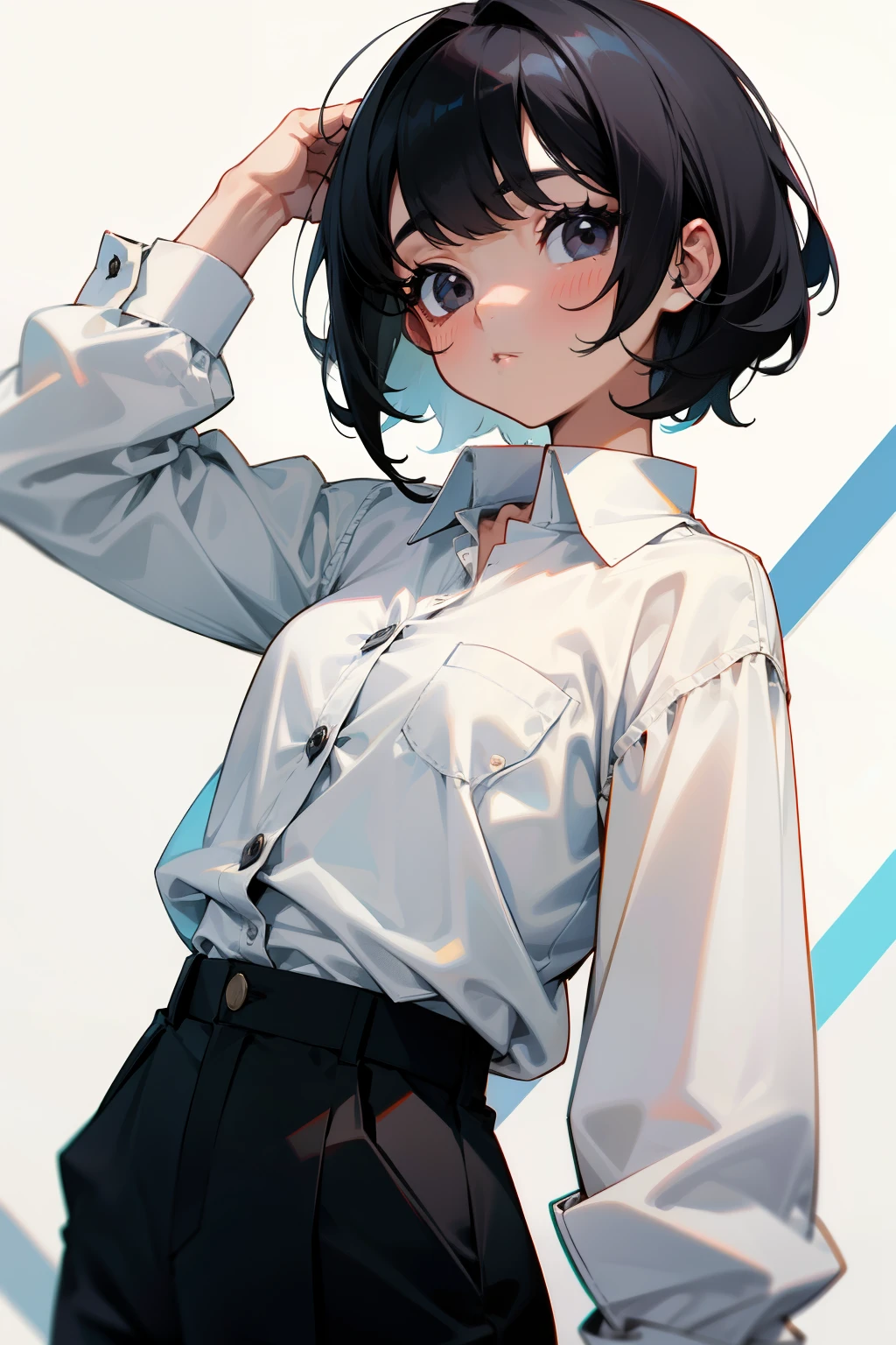 highest quality、masterpiece、training gym、training、((thin legs、thin thighs))、((white shirt、taking off the skirt、white panties:1.4、Sex、tears、Get angry、glare))、masterpiece、8k、24 years old、high perspective、black hair、I can see your chest:1.3、valley、flushing、very boyish:1.5、cool woman、very short hair、((very short hair:1.3、small head、glare、angry、))、gym、