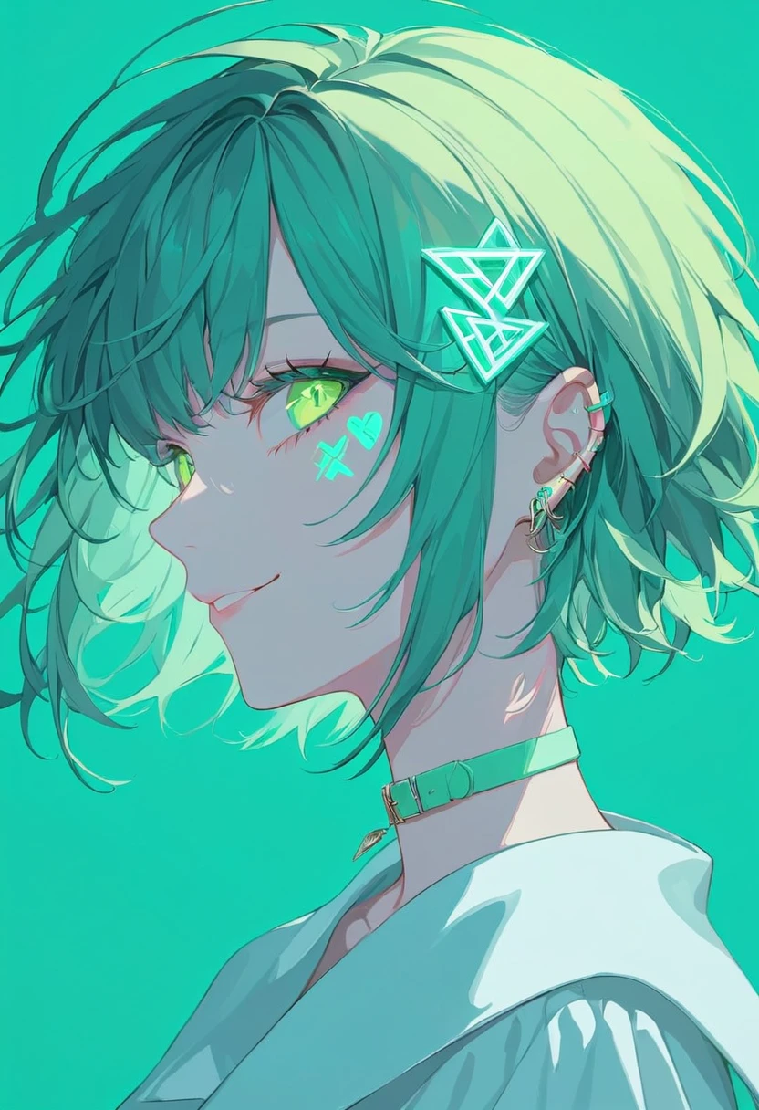  one woman smiling , female profile , face close-up ,Face tattoo,Leaf shape ,Eyes,cheek, digital tattoo ,Glowing Runes, neon color ,Neon Green, green base green hair,Pastel colors, short hair, barrette masterpiece ,Best Quality,Exquisite,8k, absurd,Ultra-detailed illustrations,(Watch the audience)