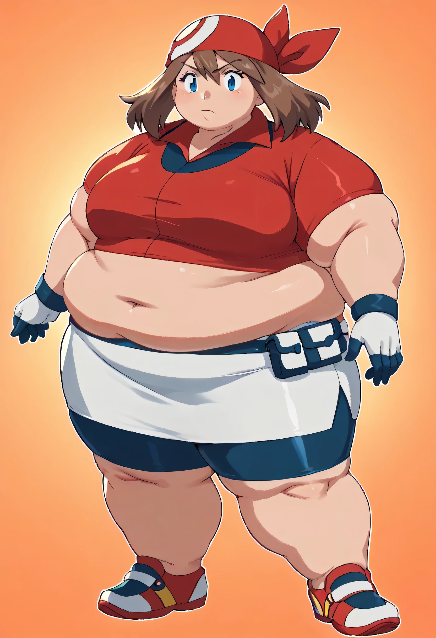 pokemonmay, blue eyes, brown hair, bandana, long hair, red bandana, twintails, hair between eyes,
bike shorts, collared shirt, gloves, microskirt, multicolored shirt, pencil skirt, red shirt, shirt, short sleeves, skirt, white skirt, fat, chubby, obese, gigantic arms and legs, full body shot 