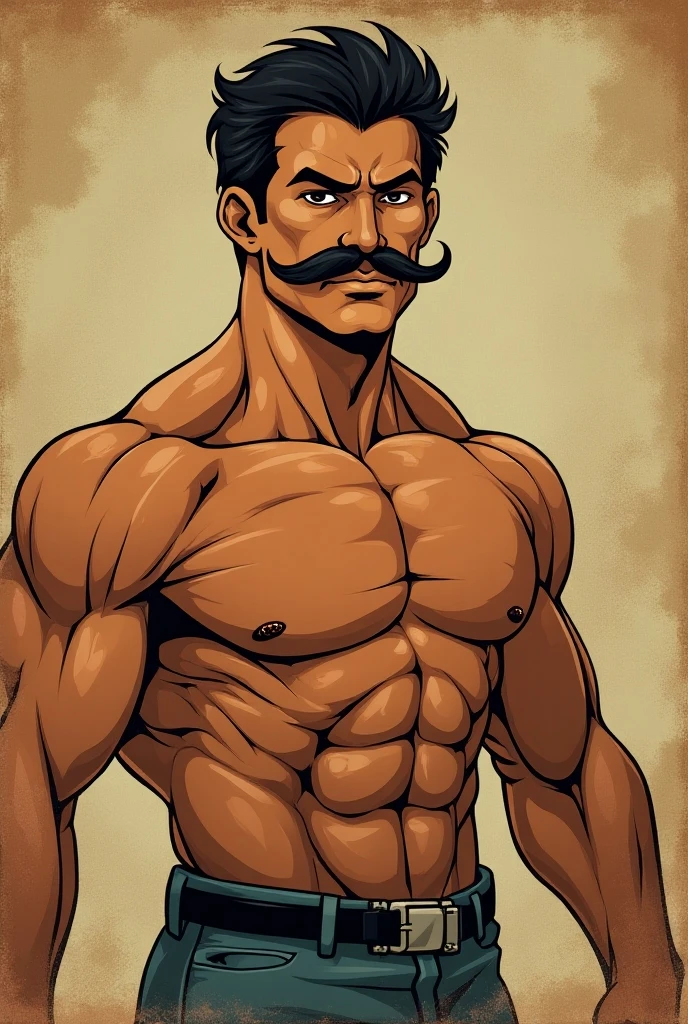 Homem , latino brasileiro, 25 anos , cabelo cacheado muito curto e raspado nas laterais , Sobrancelhas Grossas , usando uma regata branca , bigode , red horns on the side of the head , olhar sedutor. showing the biceps muscles