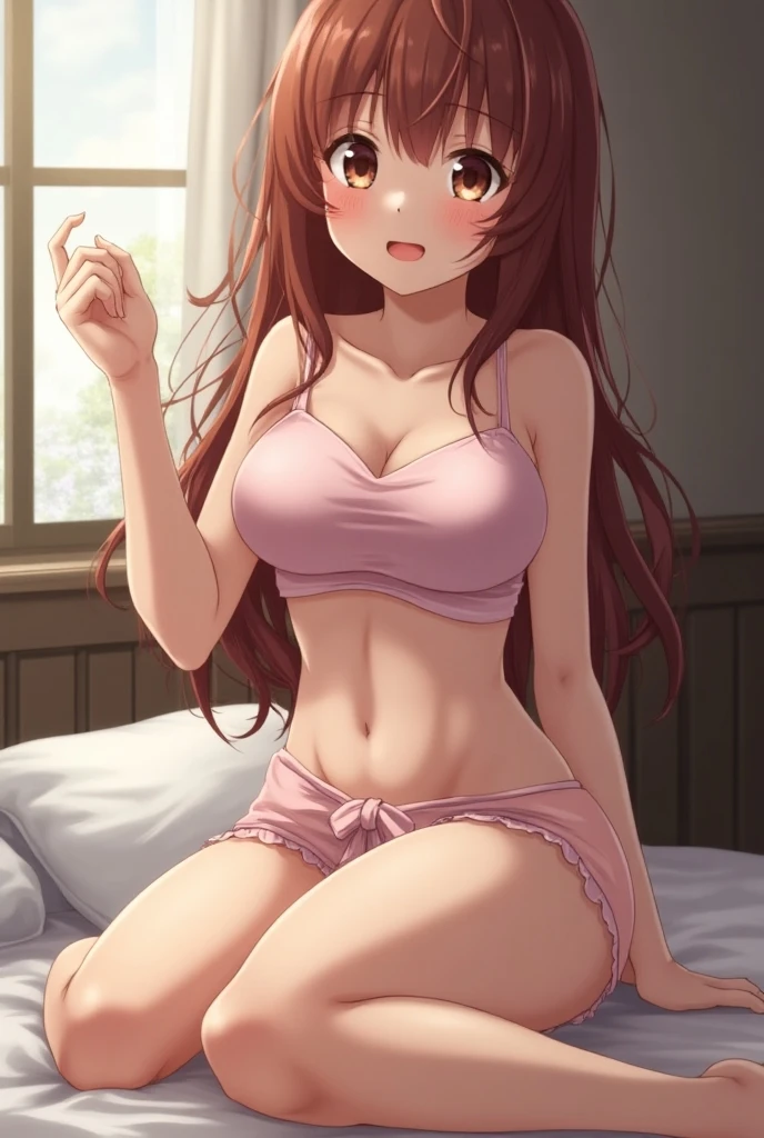 1 female、Miku Nakano, long hair, bangs, blue eyes, brown hair, hair between eyes, (blush:1.1), mouth half open, (put my hand in your panties:1.5), fingering, cum in mouth, cleavage, In underwear, pink lace panties、pink lace bra, pink underwear, (exposed skin:1.3), beautiful big breasts, Are standing, lean against、(masterpiece:1.2), highest quality, High resolution, (detailed and beautiful eyes:1.6), highly detailed face, perfect lighting, Very detailed CG, (perfect hands, perfect anatomy),embarrassed expression、The look of holding back from going to the toilet, Feels good