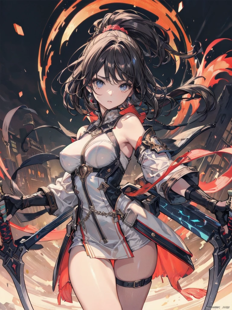 (Practical pirate clothing), Long-sleeved pirate top, Skirt, torn pirate hat, absurdres, RAW photo, extremely delicate and beautiful, masterpiece, Best Quality, ultra high resolution, 32k, hyperrealistic, ultra-detailed, detailed description, pale skin, 20 years old, tearful mole, earring, big tits, short medium hair, wavy hair, whole body shot,