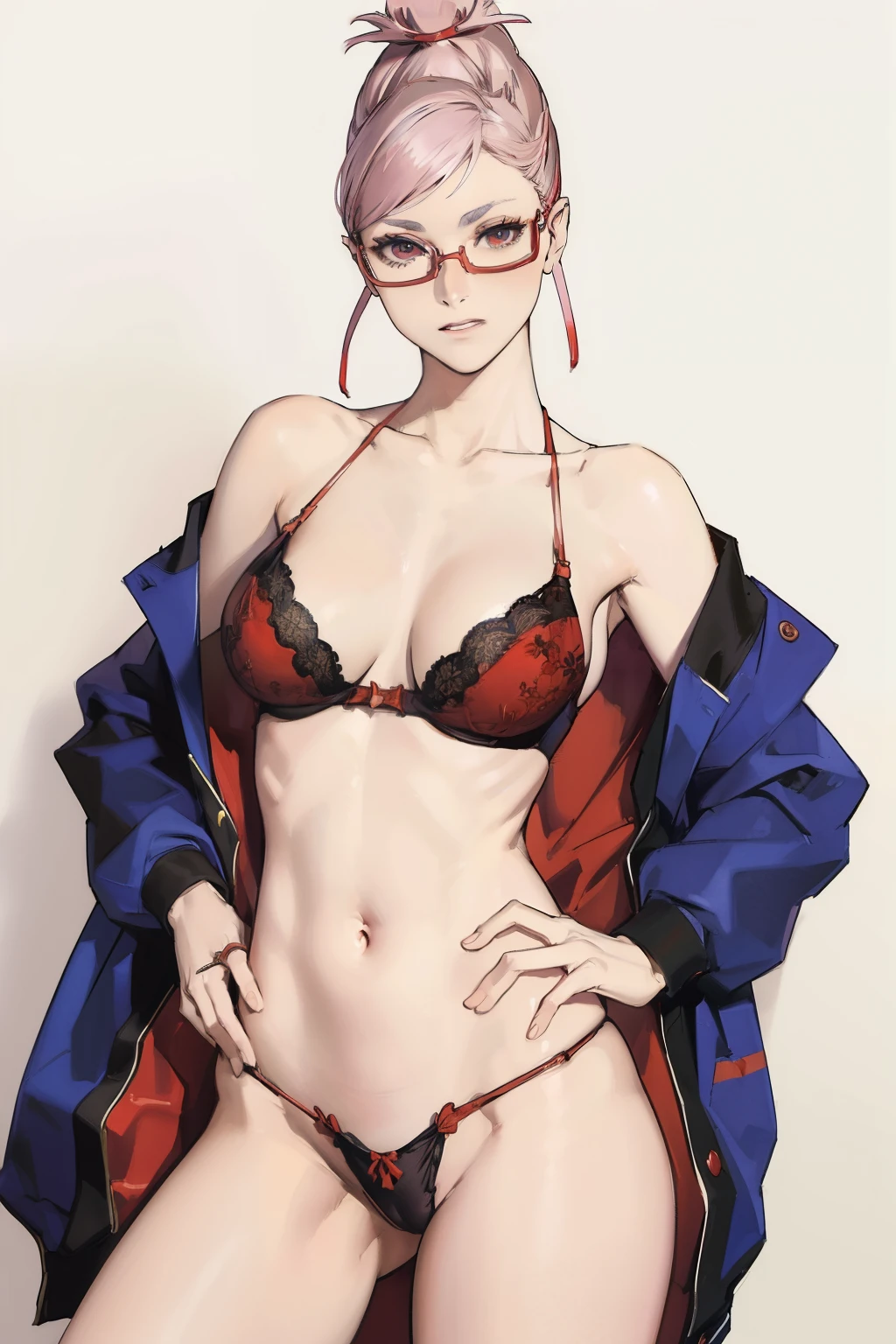 AyaseSeiko, ((((masterpiece, best quality, high resolution)))), 1girl, solo, looking at viewer, standing, open legs, sexy pose, (big perky breasts:1.2), (beautiful detailed face, beautiful detailed eyes), cowboy shot, artgerm, fit body, ((thong, lingerie)), room background, ((red glasses)), open jacket