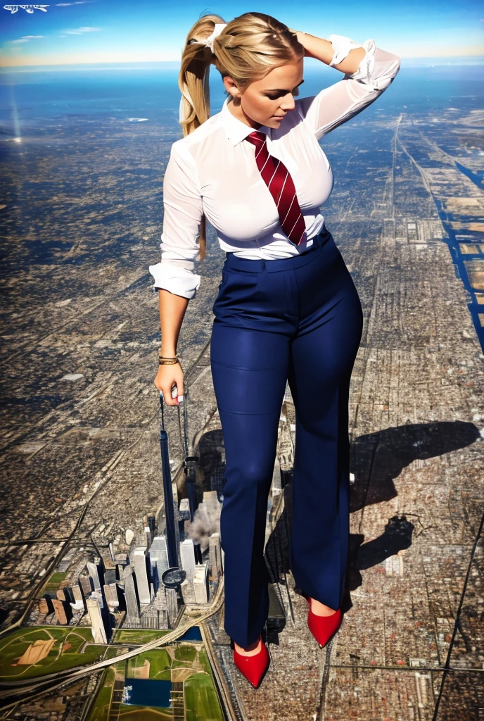 Highly detailed Giantess shot, Giantess,  blonde hair in a braided ponytail, women who are 100’s miles tall, feet dwarfing a skyscraper, big breasts, navy blue trousers and form fitting crisp white shirt, thick wide and long red tie, windsor knot, high heels, very small metropolis, miniature metropolis, crush the big city, full body description, ＧＴＳ, Giga Goddess, Stomping City, crash city, micro city, High resolution, highest quality, masterpiece, 