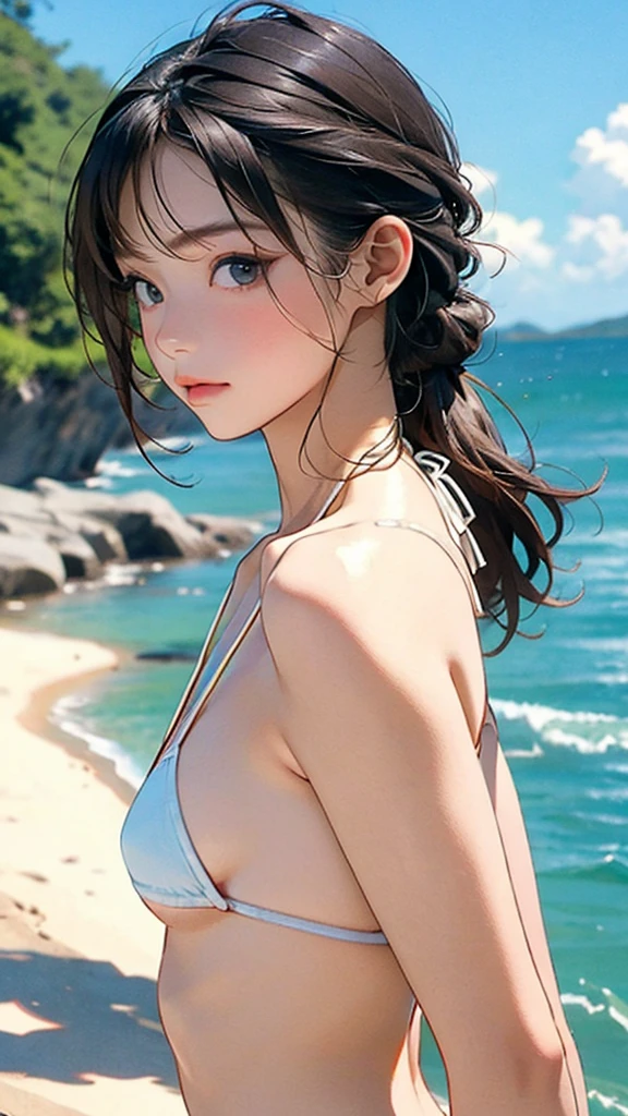 (****ars old:1.4),(Very Young Face), (japan Person famous idol), 1girl, 1girl, (Extremely small white micro bikini style:1.4), Stroll along the seaside, sunshine, (masterpiece:1.0),(best_quality:1.0), ultra high res,4K,ultra-detailed, photography, 8K, HDR, highres, (perfect anatomy:1.2),(Beauty of form:1.4) Golden ratio, big eye,(nature's providence:1.4),