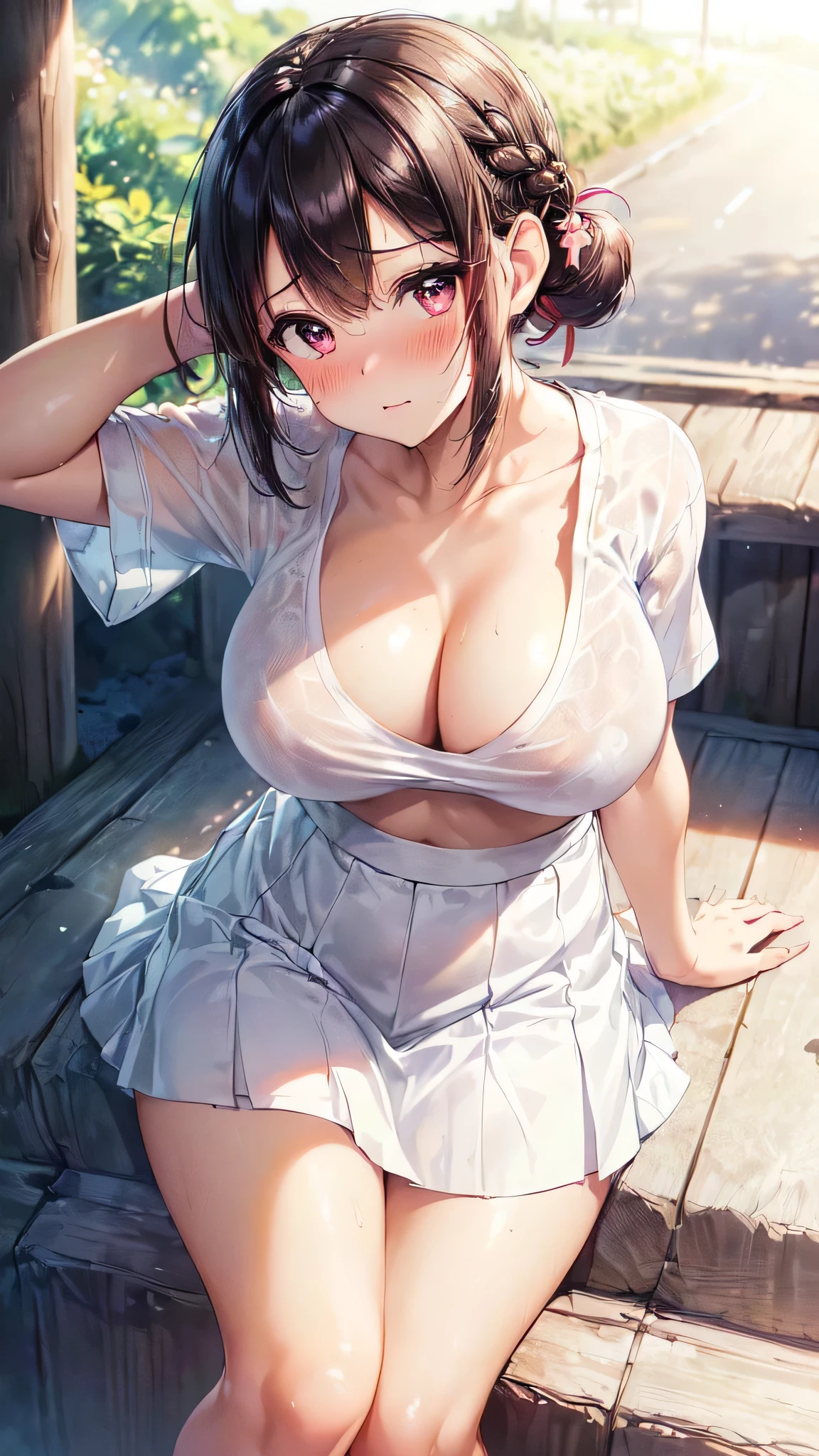 masterpiece,highest quality, Ultra-high resolution,(clear, Beautiful woman:1.2),(Upward-facing chest, Beautiful huge breasts:1.5), Cleavage:1.3, (Happy:1.2),(enjoy:1.2), Embarrassing, Blushing, (Black Hair:1), short roll-up ponytail, (Squint your eyes:1.4), Sweaty body, Hot body, Elated face, Pleasure, nsfw, ((see-through shirt:1.5),((Realistic skin texture, Firm breasts)), sexy:1.3, Above the knee shot, cute her room, her bedroom, lying on the bed, ((Realistic Background, Blurred Background)),  Dynamic Shot:0.6, looking at the camera, slouch, (Show off your pussy),