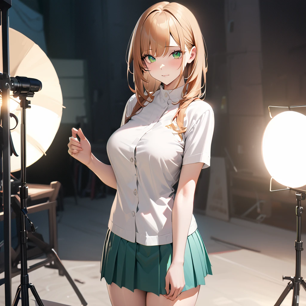 (masterpiece, best quality, 4k, photorealistic), ((wide shot, full body)), ((front view)), expressive eyes, perfect face, nice hands, 1 girl, large cleavage, long round legs, curvaceous body, booty, naked, ((the model playfully twirls in a studio setup, wearing the bold coral towel:1.5)), crouching, her short blonde hair is styled half-up half-down, adding a youthful touch., extremely detailed Artgem, IG model, alena aenami and artgem, krenz cushart and artgem, artgem and atey ghailan