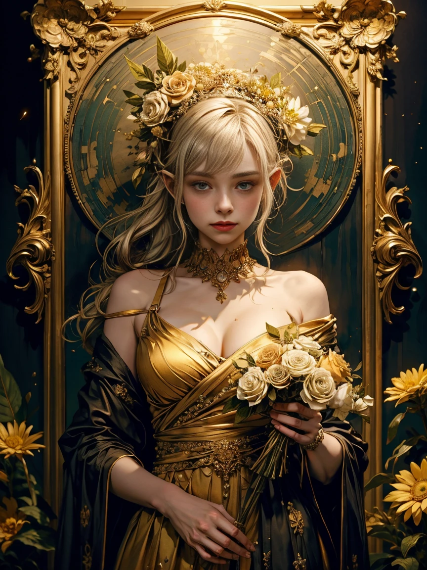  There was a woman in a gold dress.， Wearing flowers on her head , Phlegm Phlegm art, germ of art on ArtStation Pixiv, Phlegm sputum, Phlegm | germ of art, Guweiz on Pixiv Artstation, wlop art, Guweiz&#39;s masterpiece, Guweiz on ArtStation Pixiv, Portrait of an Elven Queen, by Yang J, a beautiful fantasy empress