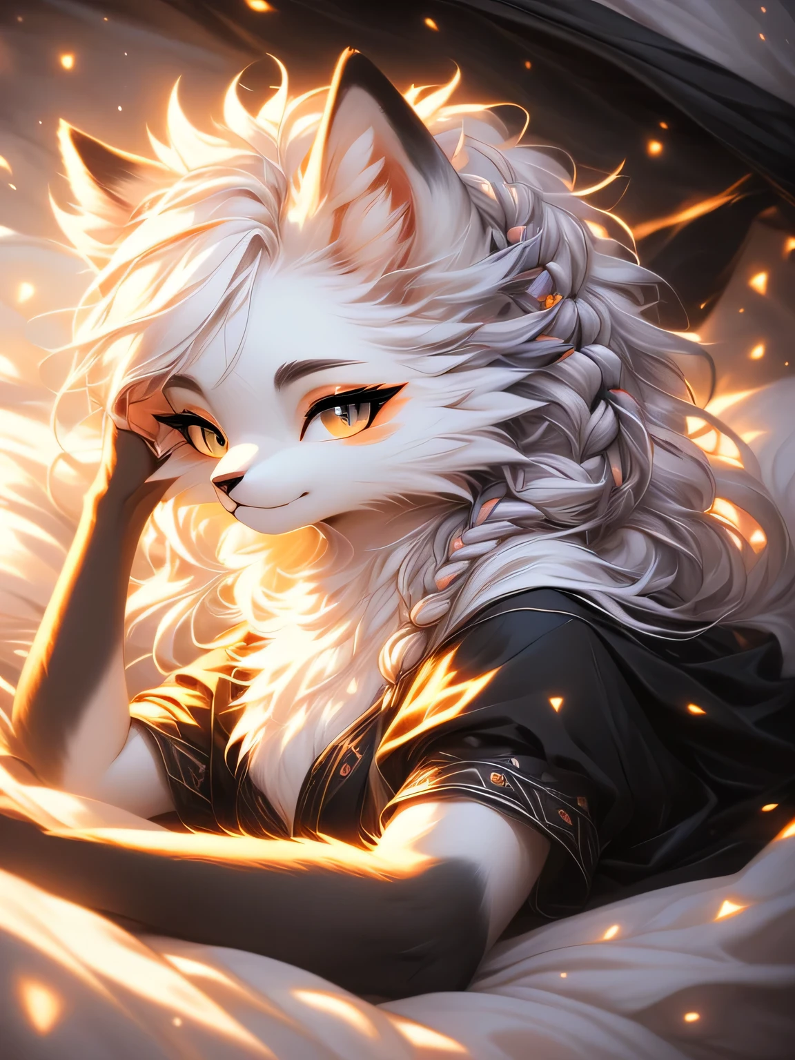 ( Absurdly , High quality , ultra detailed ) ,( hand detailed ) , absurdres(highly detailed beautiful face and eyes)perfect anatomy Solo, sfw, Young Female white fox-cat (((lean-body))) (((medium breasts))) (short snout), (heterochromia (orange, violet)), (cat tail (black at end)), (white hair (single-braided)), ((looking at viewer)) ((Female wolf)) (detailed eyes), ((((fluffy white fur)))) ((extremely detailed fur)) ((hair in face)) (big braid), sfw, (thin long tail) (heterochromia) (extremely detailed eyes) (((lying in bed, on her chest))) (lying under the covers) ((under the covers)) hidden under the covers, lying on her chest