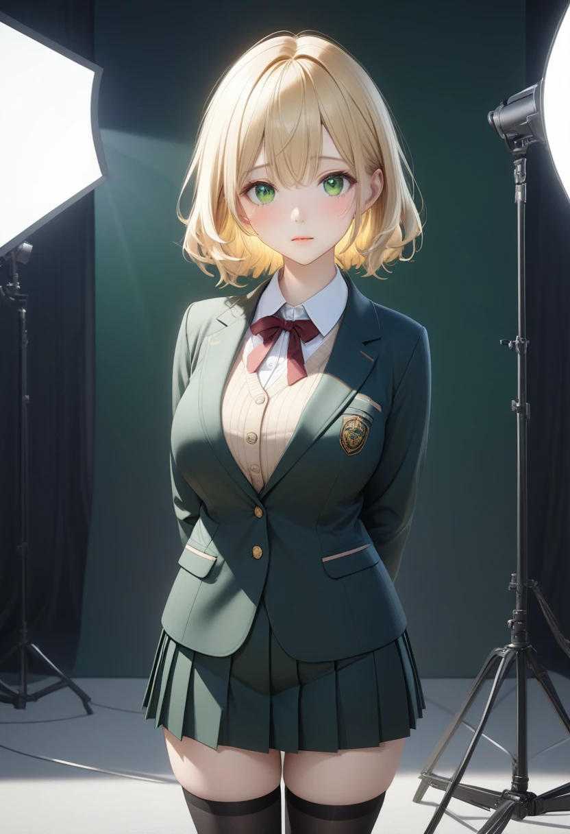  1 girl, Alone, Fujisaka LP , ( eye tearing ), scenery, (Big Breasts:0.8). ( WIDE THIGS :1.1), (Wide Hips:1.1), ( mature women:1.1), (Detailed eyes),  Immerse yourself in the elegance and sophistication of a beautiful blonde girl with charming sparkling green eyes. Sleepy and Sleepy , and 、 create an ultra-realistic depiction of her detailed face .  exquisite, sharp detail and smooth rendering style , Combined with film studio lighting,  will make this piece of art a true masterpiece .  become a trendsetter in the digital art community using Octane rendering at 8K resolution 、 Get ready to get noticed on ArtStation , standing, dark green   school uniform with the front of the shirt, Beige sweater,   school uniform with the front of the shirt, blazer, Dark green mini skirt, Dark green pleated skirt,  black thigh high socks