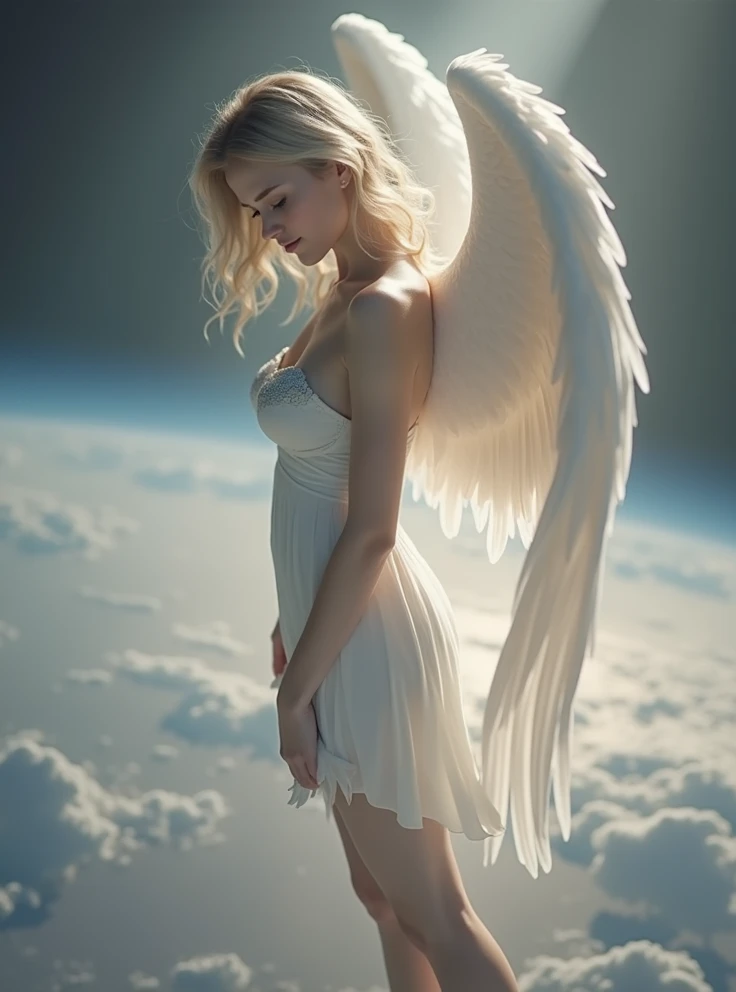 Mountain peaks in snow. A beautiful nude angel girl stands gracefully with her slender figure, her white skin glowing under the soft, natural light. Her long blonde hair flutters in the wind. Her blue eyes are filled with a gentle gaze, and her thin lips curve in an exquisite smile. The translucent skin on her wings shimmers as they open wide, exposing intricate details and veins. Her beautiful fingers gently uncurl, emphasizing the grace of her wingspan. Her legs, equally beautiful and taut, are slightly bent at the knees, giving an angelic pose.
This masterpiece is presented in a photorealistic style with ultra-high detail, shot in crisp 4K resolution and high dynamic range that