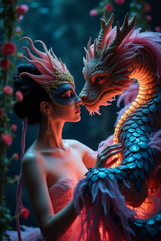 Sexy humanoid red serpent women,  and sexy humanoid blue serpent woman, intertwining their  tails with eachothers, hissing at eachother, their fangs showing