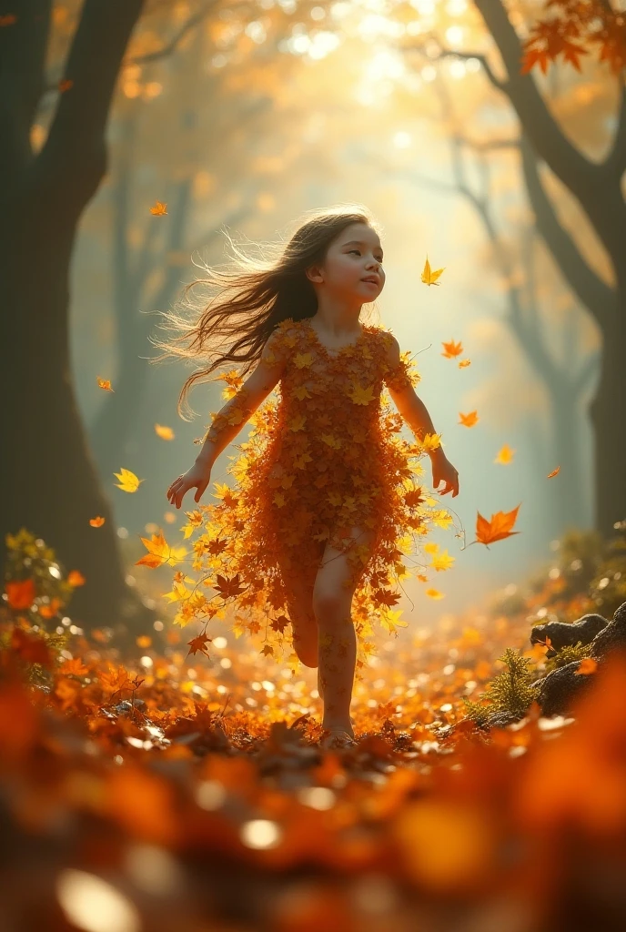 In a forest: A cheerful child in a maple leaf costume plays with a huge pile of leaves (red, yellow and orange) (they happily throw them into the air). Canon EOS 5D Mark IV, Sunset, High Quality Photos, Top Detail, Masterpiece, Author: Ksénia Bélanger.  (16k, Best Quality, Hdr, Best Resolution: 1.4, RAW Photography) (Centerpiece: 1.2) , bokeh, realistic photography, Canon 5d
