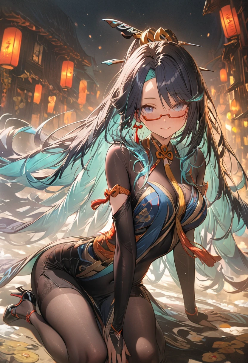 A beautiful girl with piercing blue eyes, long flowing hair in shades of black, semi-rimless eyewear, hair ornaments, and a partially covered navel, wearing red-framed eyewear, with multicolored hair and bangs, (best quality,4k,8k,highres,masterpiece:1.2),ultra-detailed,detailed portrait, highly detailed facial features, intricate hair details, elegant pose, serene expression, soft lighting, warm color palette, blue_eyes, long_hair, black_hair,semi-rimless_eyewear, hair_ornament, covered_navel, red-framed_eyewear, blue_hair, multicolored_hair, bangs, wearing a kimono with detached sleeves, sash, black gloves, black thighhighs and pantyhose, high heels, whole body, japanese clothes, kimono, detached sleeves, sash, black gloves, black thighhighs, pantyhose, high_heels, full body, masterpiece,bestquality
