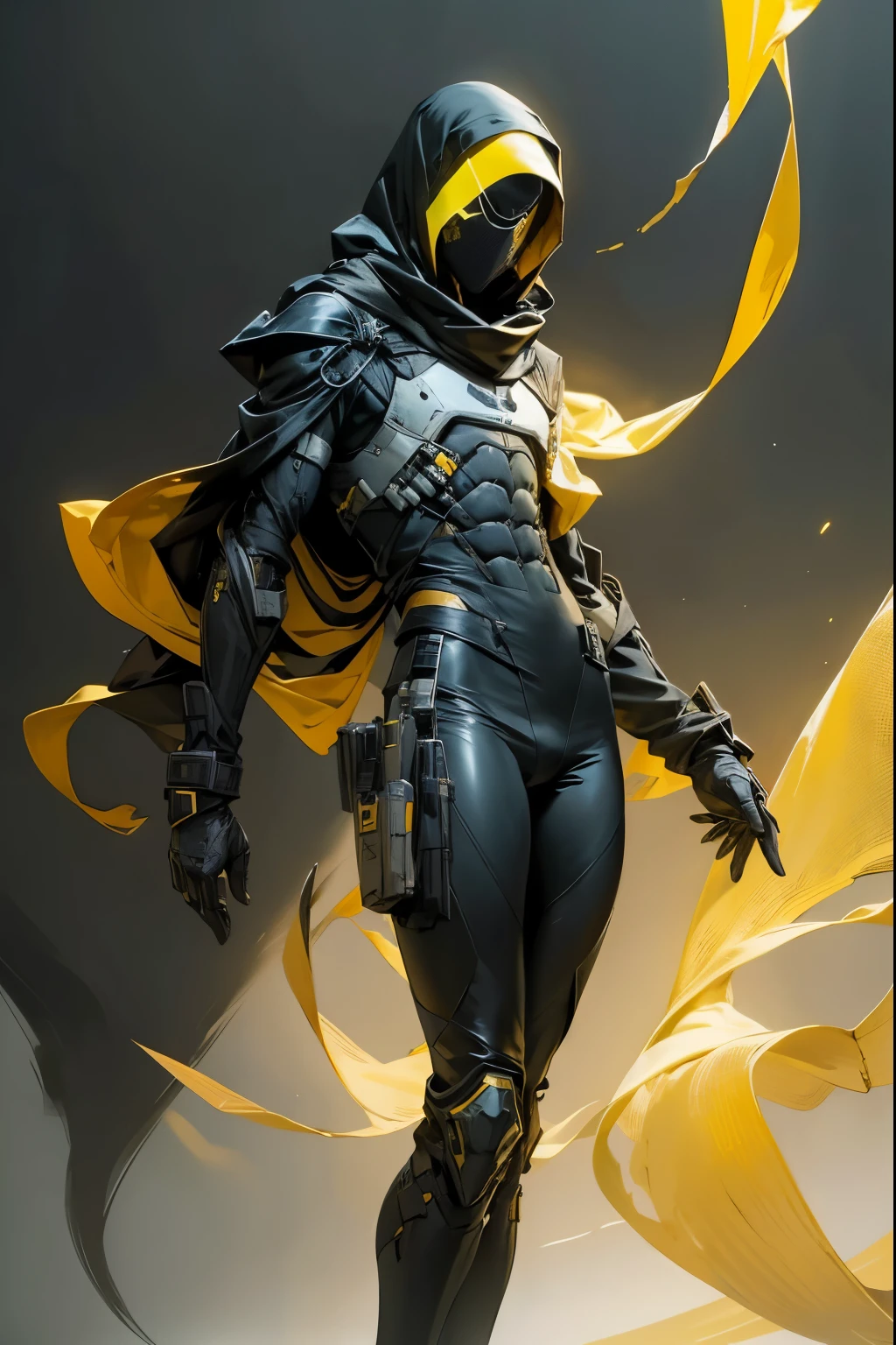 a painting of a very lean androgenous person against a dark shrouded wall, lanky, narrow shoulders, wearing stealthy military gear: dark camo skintight elastic pants, dark camo skintight long sleeve shirt, black leather gloves, golden yellow shawl + cowl, articulating metal mask with four glowing yellow lenses, light body armor with chest piece and leg pads. very stealthy, design like the Cloaker from Payday 3. flat shading, drawing outlines