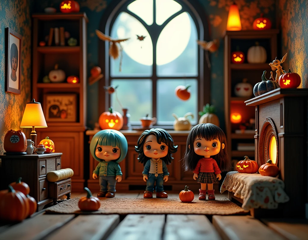 Halloween ghost banners, hung in cozy living rooms full of laughter and joy, children in cute costumes, surrounded by family, pumpkin decorations and ghostly props decorate the space, warm and seductive lights bring everyone together to celebrate the festive atmosphere of the festival. Realistic scenes, real people