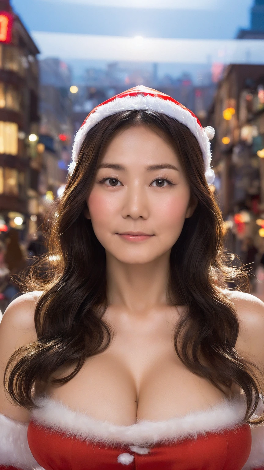 ((Best Quality)), ((8k)), ((masterpiece: 1.3)), (Perfect appearance), ( Transparent : 1.6), (not), (WHO), (Genuine:1.4), (1 Japanese mature woman dressed up as Santa Claus),  Perfect Anatomy, ((65 years old)),  wavy medium hair, ((Downtown at night)),