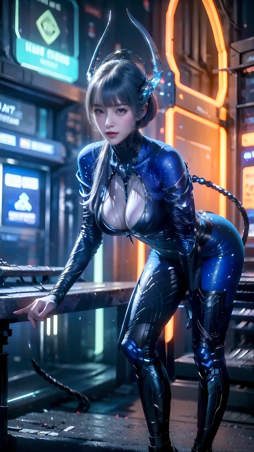 (8k, RAW Photos, highest quality, masterpiece:1.2), (Realistic, photo-Realistic:1.37),(Japanese female models), (Blue Neon),(cyber punk),Wearing a see-through transparent rubber suit,
