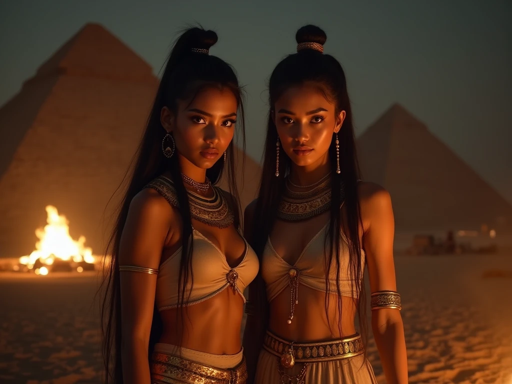 full body photo of two dark-skinned tattooed young women, twins, with long hair and brown eyes, dressed only in a short white net dress, they are standing in front of a torch-lit Mexican pyramid