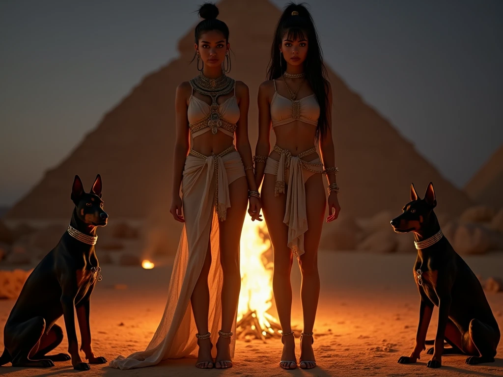 succubus woman stand by pyramid with shrunken people from behind  turned into a giant taller than pyramids 