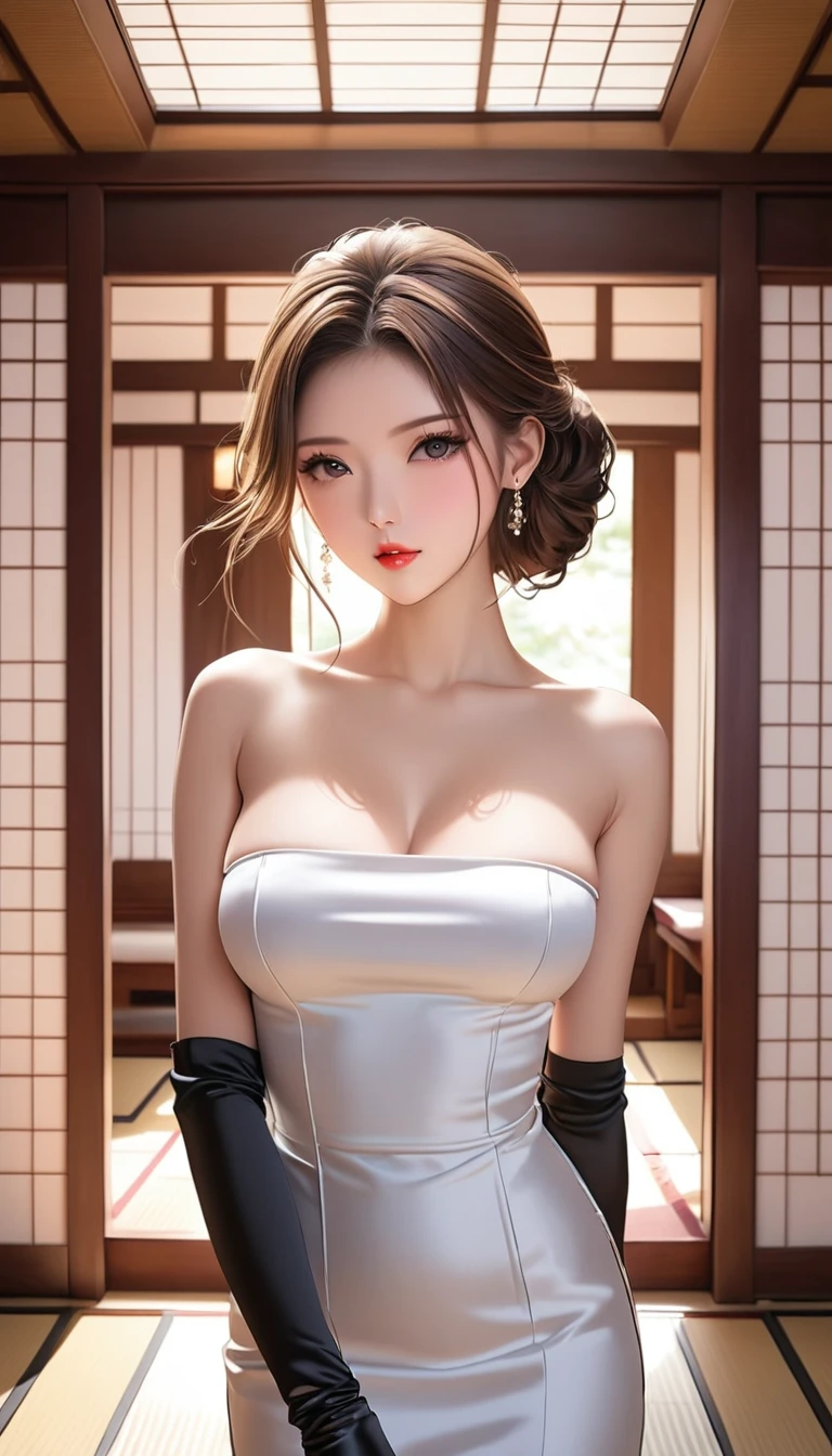 (masterpiece,Best Quality, super high definition),Inside the Western-style building, Five Japanese women are standing facing me,In heat,A seductive and alluring expression,Her beautiful long hair is tied back,bangs,Baby Face,Pursing his lips, (((Very beautiful 20 year old))),Big Breasts,Beautiful nipples, topless,(pure white satin tube top bodycon mini dress:1.8),(Tight fit),(Topless:1.5),( topless:1.5),(Beautiful nipples:1.8),Bodyline,(Satin Opera Gloves:1.8)、Satin has a very strong luster、(Hands placed behind head:1.8),I'm standing facing you