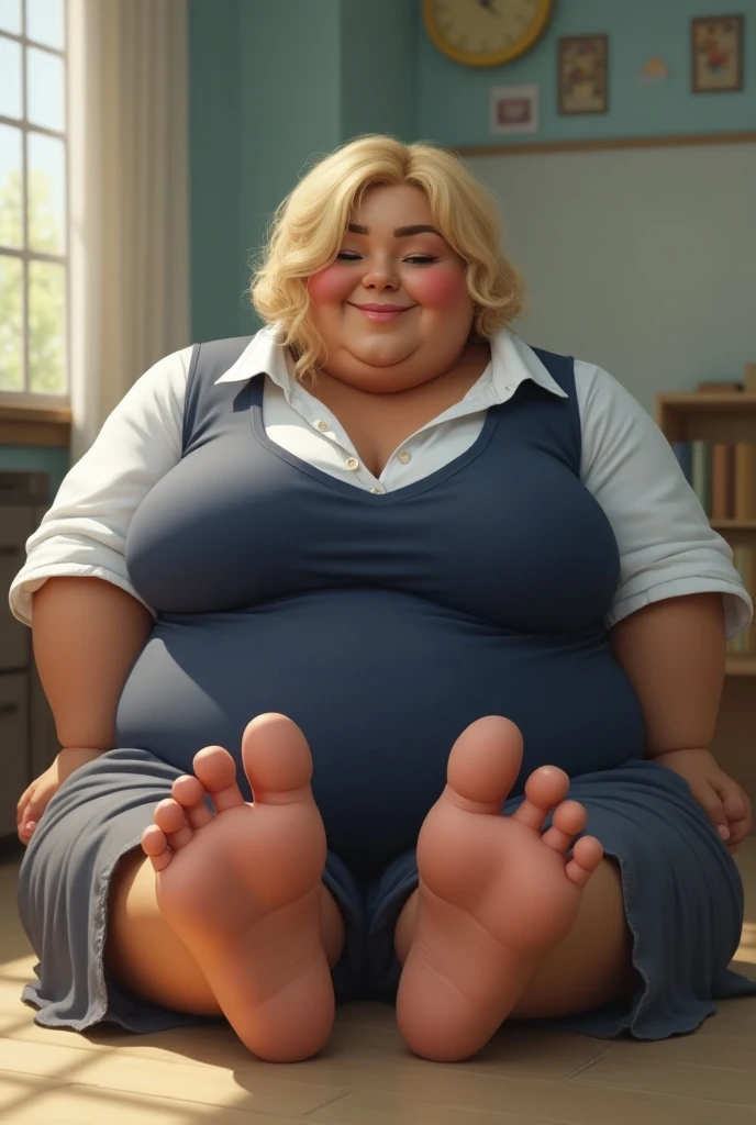 Blonde woman, huge breasts, obese, pretty face, makeup, huge testicles, huge penis, fat, realistic, huge belly, big balls, fat thighs, fat rolls, full body in picture