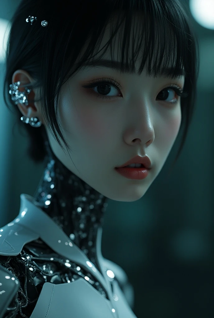 complex 3d render android face ultra detailed beautiful china profile woman, cyborg, robot part, 150 mm, beautiful studio soft light, edge light, vivid detail, fancy cyberpunk, lace, hyperrealistic, anatomy, facial muscles, electric wires, microchips, elegant, beautiful background, octane render, HR Giger style, 8k, top quality, masterpiece, illustration, smooth and beautiful, highly detailed, CG, unity, wallpaper, (realistic, photo-realistic: 1.37), excellent, detail refined, masterpiece, top quality, official art, highly detailed, absurd CG unity 8k wallpaper, absurd, robot, silver halmet, full body, sitting