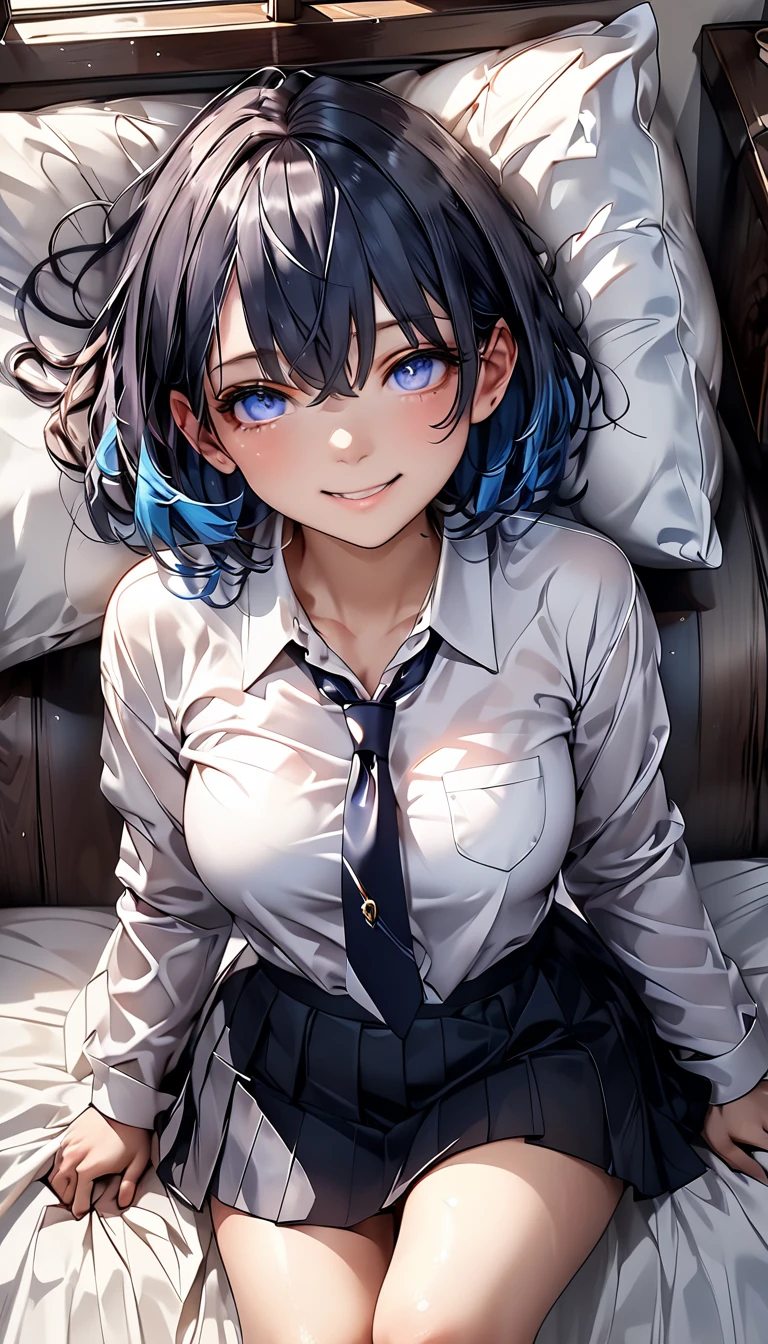 (1boy and 1girl having sex:1.4), (cum in pussy:1.3), missionary position, lying on back, spread legs, legs up, POV, from above, BREAK hmakane, blue hair, short hair, gradient hair, (medium breasts:0.7), blue bowtie, collared shirt, black vest, long sleeves, pleated skirt, grey skirt, open clothes, bare breasts, aroused, BREAK detailed background, bedroom, pillow, BREAK nsfw, (best quality, masterpiece, UHD, ultra detailed), (beautiful face, shiny skin), (detailed eyes), (perfect anatomy), (professional lighting)