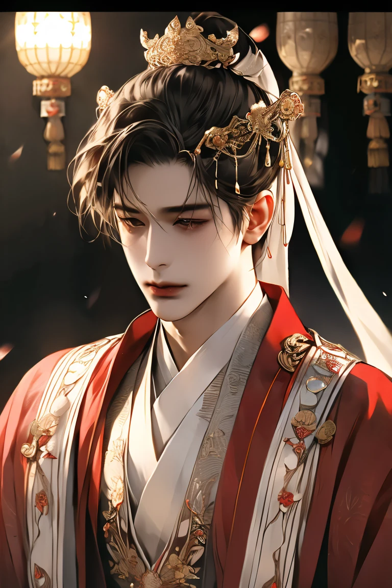 (best quality, Materpiece,  high resolution,  Detailed ), ( beautiful animation), male:1, semi_realistic, Orientalism, Historical drama , young man, decadent, Sluggishness ,  Premiere , emperor, ((Wear a commoner's attire )), ((white translucent 눈가리개)), Historical drama 의 무사 같은 머리 스타일, face close up